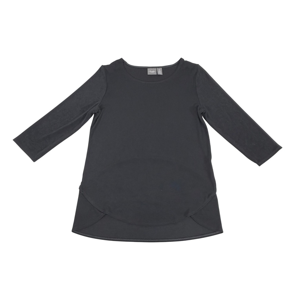 Chicos Travelers Tunic Top Size 0 or Small Black 3/4 Sleeve Slinky High Low Hem